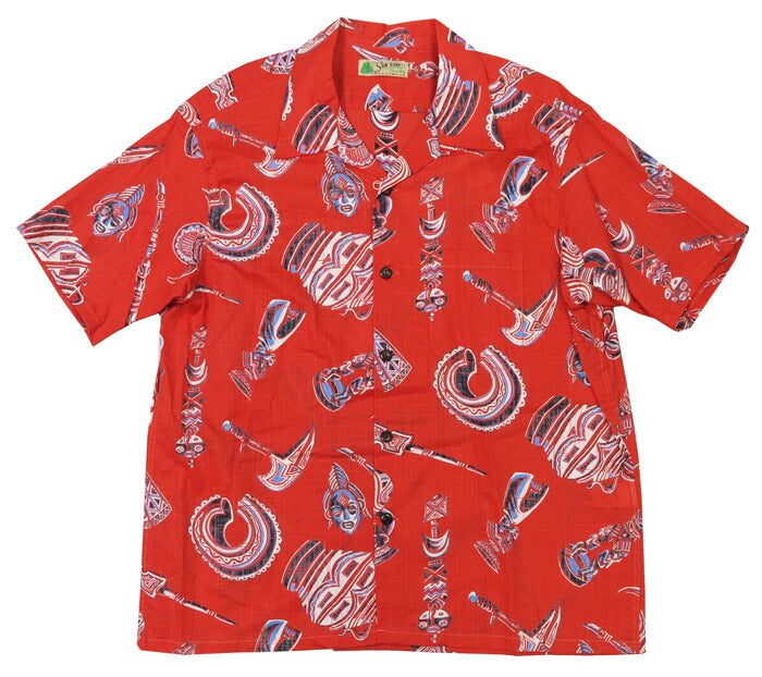 サンサーフ SUN SURF เสื้อเชิ้ตคอเปิดแขนสั้นผ้าฝ้าย/ลินิน "NATIVE MASK" เสื้อฮาวาย SS39502