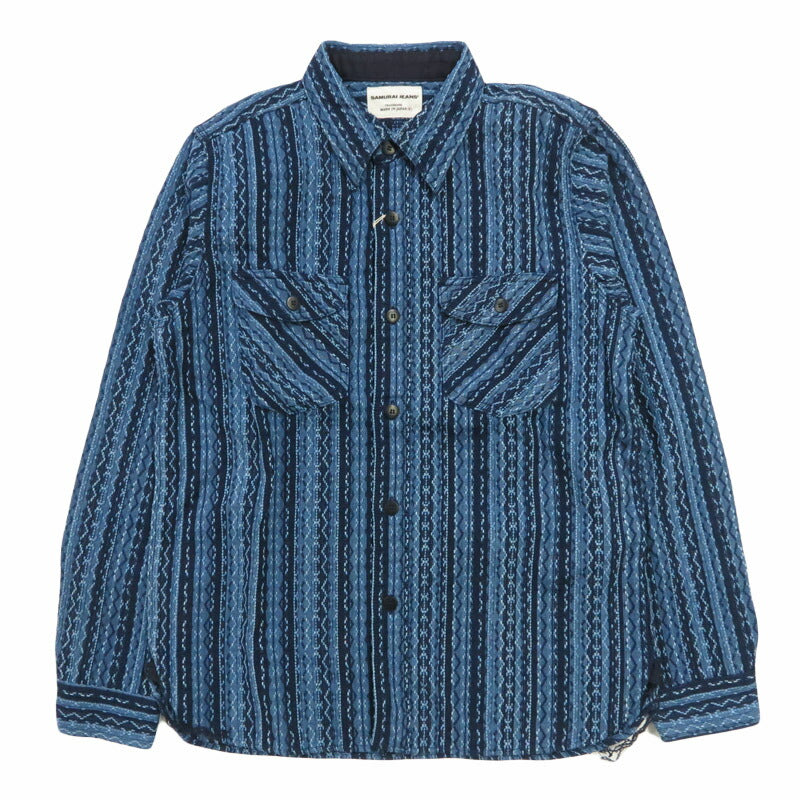 サムライジーンズ SAMURAI JEANS Indigo-Streifen Sashiko Arbeitshemd Hergestellt in Japan SSS25-sks