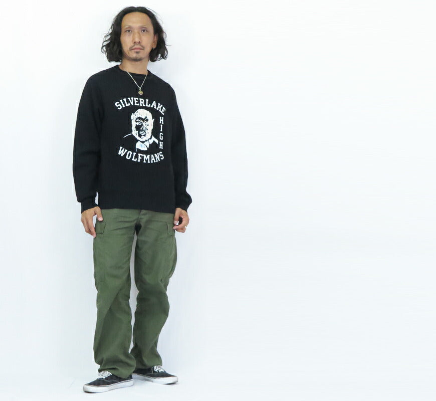 JELADO ジェラード Freedom Sleeve Rundstrick Crewneck Sweatshirt Flockdruck Wolf Man Ausstellungslimitierte Edition AB03217 【2023-24 Herbst/Winter Neuheiten】