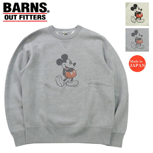 バーンズ BARNS 長袖 COZUN 両Vガセット クルーネック スウェット トレーナー プリント Mickey Mouse BR-24391