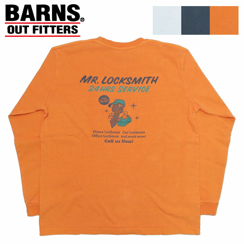 バーンズ BARNS 長袖 プリント サンフェード Tシャツ ピグメント染め "Mr.Locksmith" BR-24414