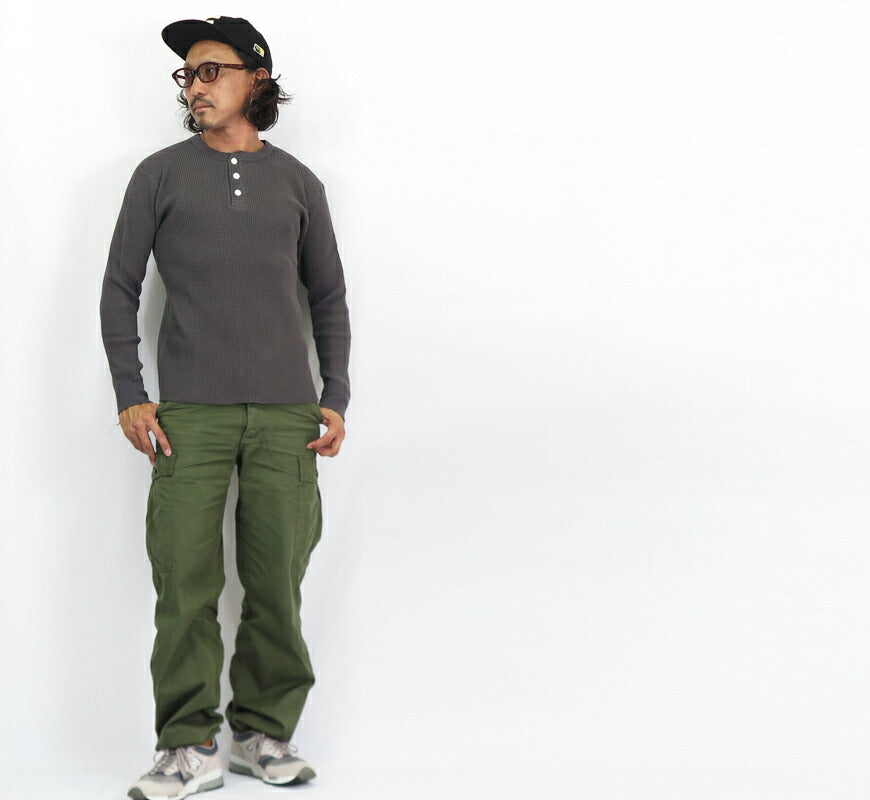 バーンズ BARNS 20/2 ヘビーサーマル 長袖 ヘンリーネック Tシャツ ワッフル BR-3081