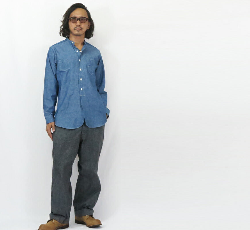 ウェアハウス WAREHOUSE 長袖 スタンドカラー シャンブレー シャツ Duck Digger ダックディガー ノンウォッシュ Lot.3046