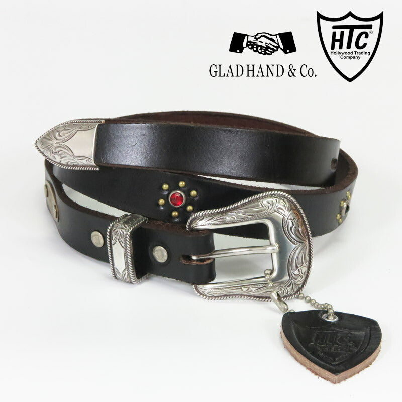 GLAD HAND × HTC Sabuk Kulit dengan Studs Western Hollywood Trading Company Kulit Sapi Glad Hand