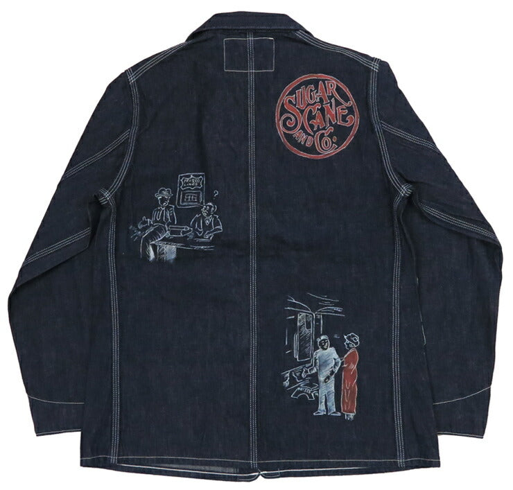 SUGAR CANE シュガーケーン Chaqueta de mezclilla de 11oz Abrigo de trabajo Pintura a mano de caricatura FICTION ROMANCE SC15505