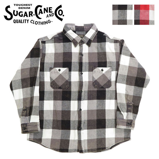 シュガーケーン SUGARCANE เสื้อเชิ้ตทำงานแขนยาวผ้าฟรานเนลหนัก รุ่นทำให้เก่า ลายบล็อก SC29206