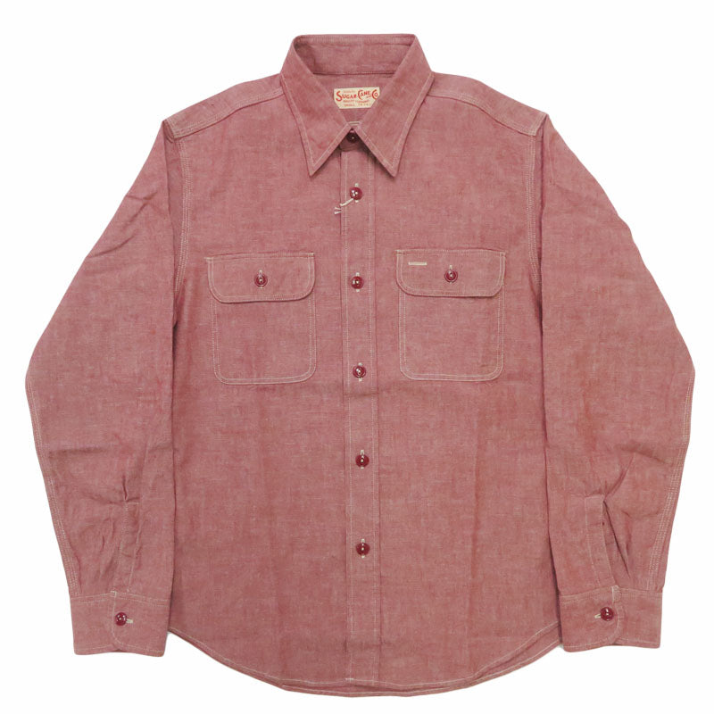 SUGAR CANE Sugar Cane Langarm Red Chambray Arbeitshemd RED CHAMBRAY WORK SHIRT SC29682 【Frühjahr/Sommer 2026 Neuheit】