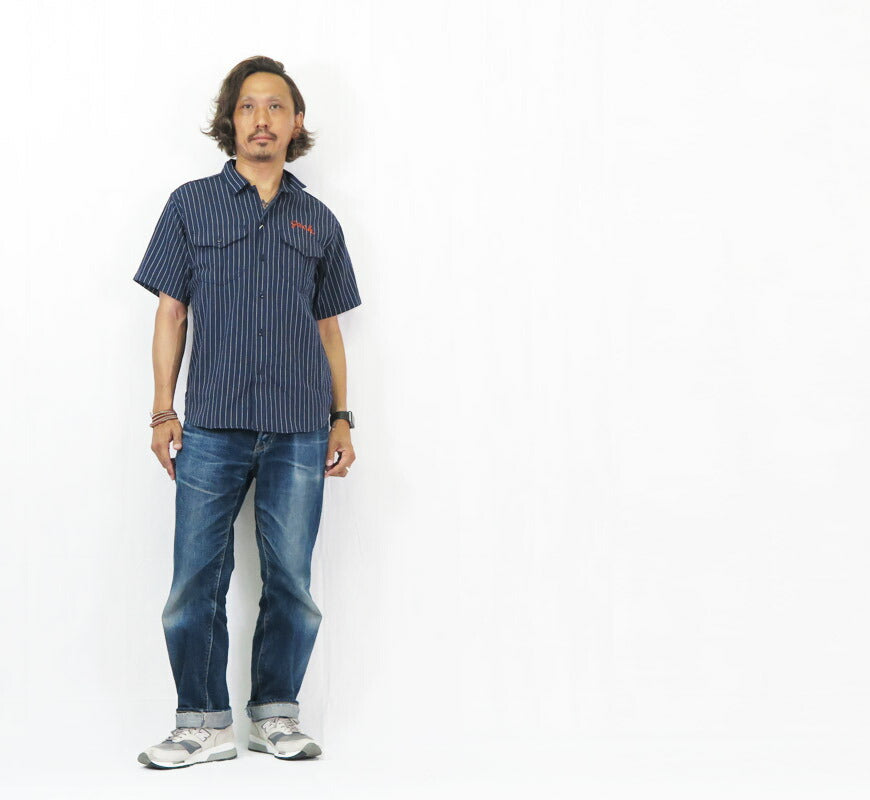 シュガーケーン SUGAR CANE コークストライプ 半袖 ワーク シャツ チェーンステッチ刺繍 COKE STRIPE WORK SHIRT with CHAIN EMBROIDERED SC39528