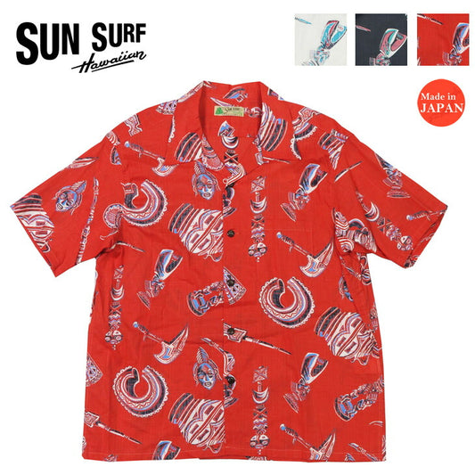 サンサーフ SUN SURF Kurzarm Baumwolle/Leinen Offener Kragen Hemd „NATIVE MASK“ Hawaiianisches Hemd Aloha-Hemd SS39502