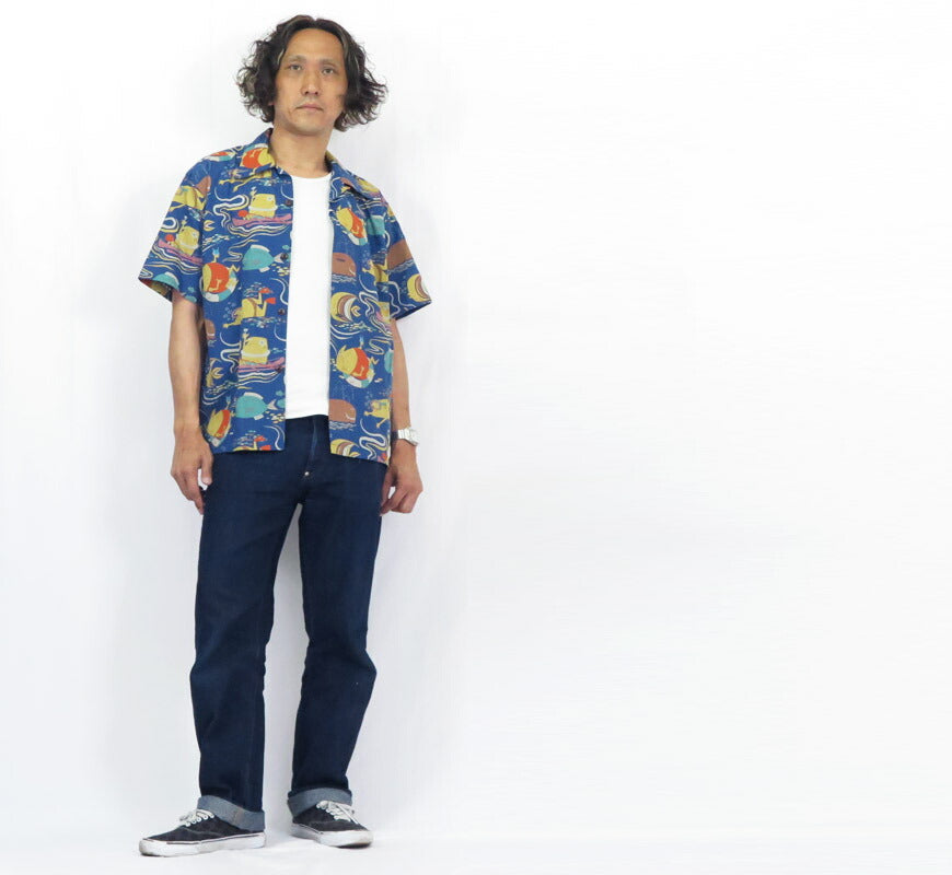 サンサーフ SUN SURF Kurzarm Dobby-Baumwolle Aloha-Hemd OCEAN ACTIVITIES von 柳原良平 mit MOOKIE SS39538