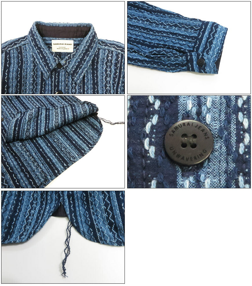 サムライジーンズ SAMURAI JEANS Indigo-Streifen Sashiko Arbeitshemd Hergestellt in Japan SSS25-sks