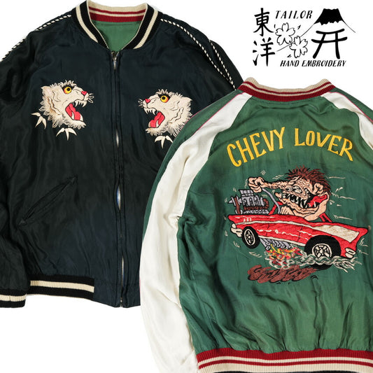 테일러 토요 Tailor Toyo 리버서블 아세테이트 사틴 스카잔 TIGER HEAD × CHEVY LOVER 에이징 모델 유즈드 가공 자수 재킷 TT15878-119 【2026년 봄여름 신작】