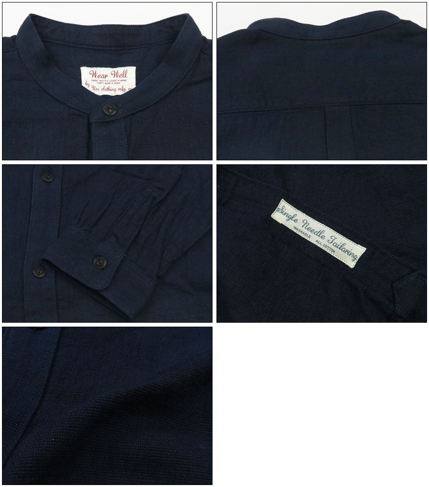 UES ウエス Dobby Indigo Stehkragen Hemd Langarm 502505