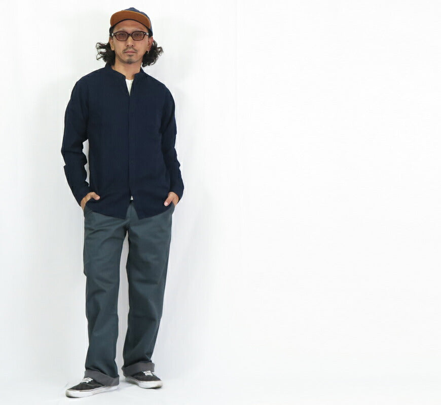 UES ウエス Dobby Indigo Stehkragen Hemd Langarm 502505