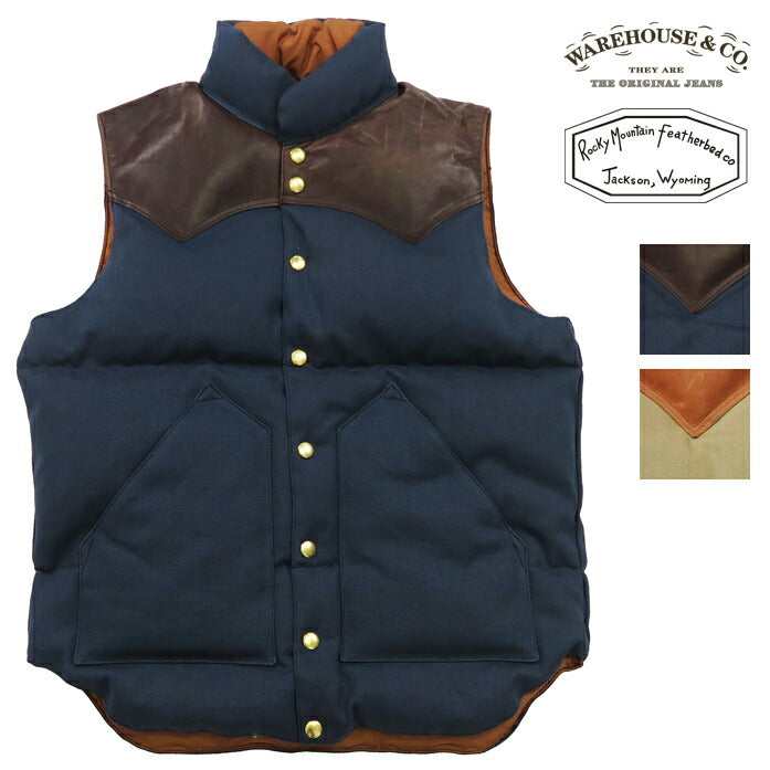 ウェアハウス WAREHOUSE ロッキーマウンテン フェザーベッド ROCKY MOUNTAIN FEATHERBED คอตตอนแคนวาส ダウンเวสต์ ホースไฮด์ เลเซอร์ยอร์ค NYLON DOWN VEST ขนเป็ดขาว WH2223