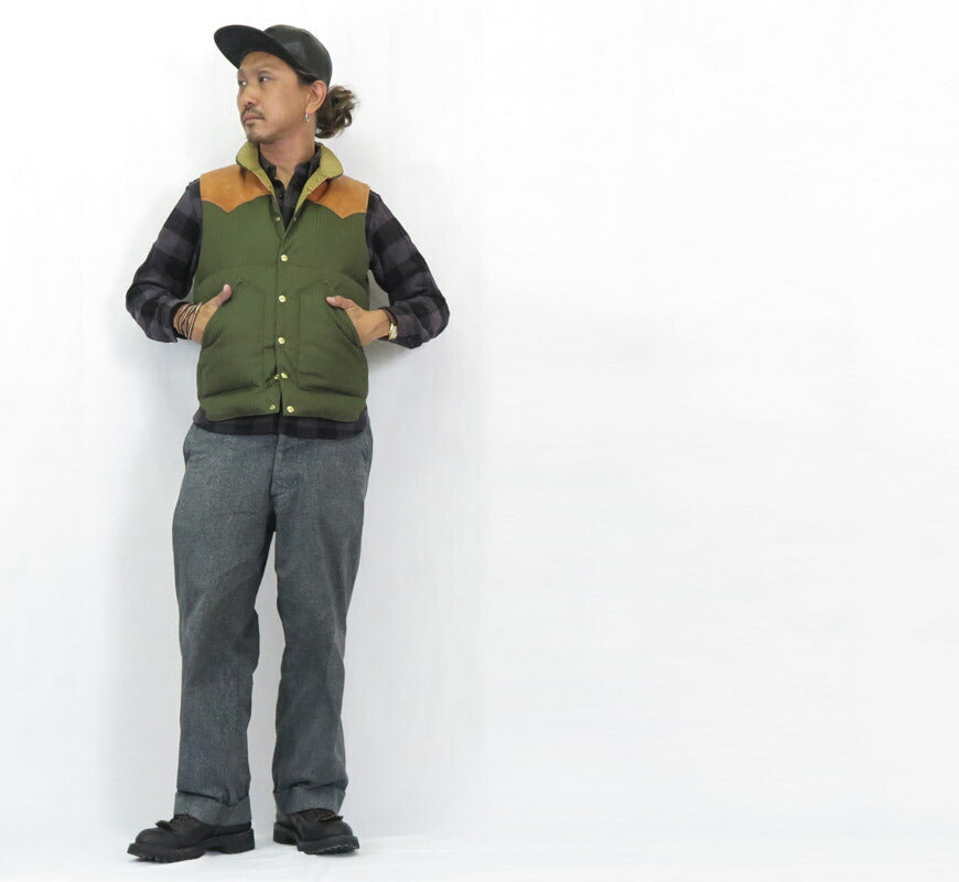 ウェアハウス WAREHOUSE ロッキーマウンテン フェザーベッド ROCKY MOUNTAIN FEATHERBED 硫化染コットンヘリンボーン ダウンベスト ホースハイド レザーヨーク NYLON DOWN VEST ホワイトダックダウン WH2236