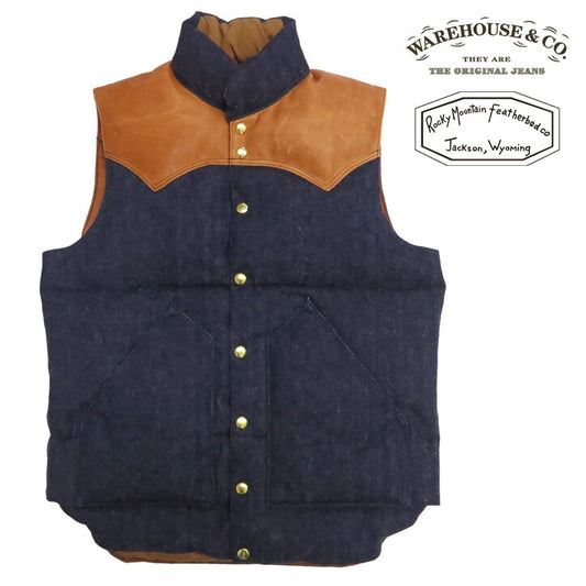 ウェアハウス WAREHOUSE ロッキーマウンテン フェザーベッド ROCKY MOUNTAIN FEATHERBED インディゴヘリンボーン ダウンベスト ホースハイド レザーヨーク NYLON DOWN VEST ホワイトダックダウン WH2237