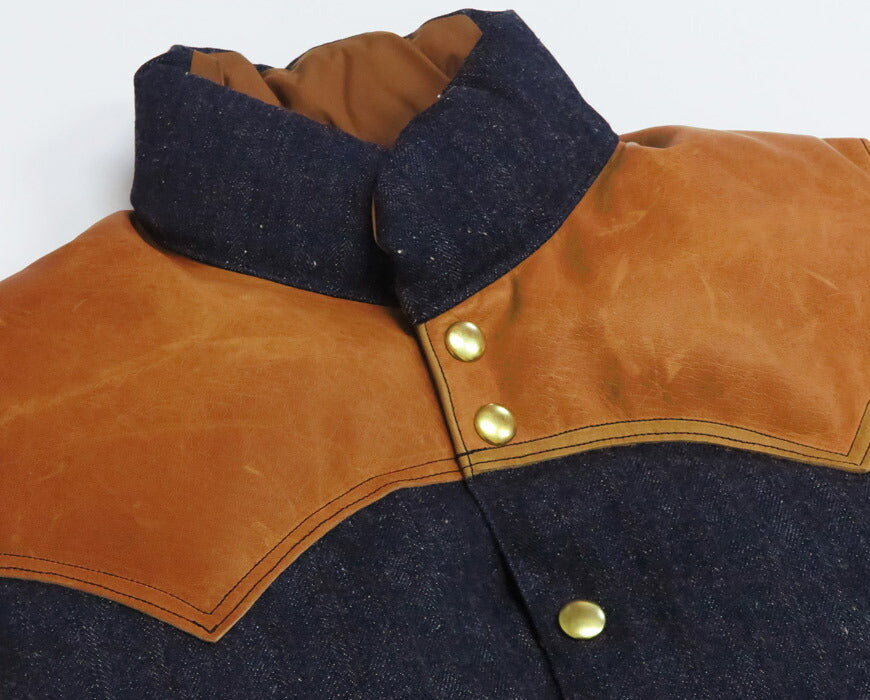 ウェアハウス WAREHOUSE Rocky Mountain Featherbed Indigo-Herringbone Daunenweste Pferdeleder Lederpasse NYLON DOWN VEST Weiße Entendaune WH2237