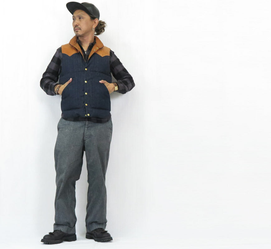 ウェアハウス WAREHOUSE Rocky Mountain Featherbed Indigo-Herringbone Daunenweste Pferdeleder Lederpasse NYLON DOWN VEST Weiße Entendaune WH2237