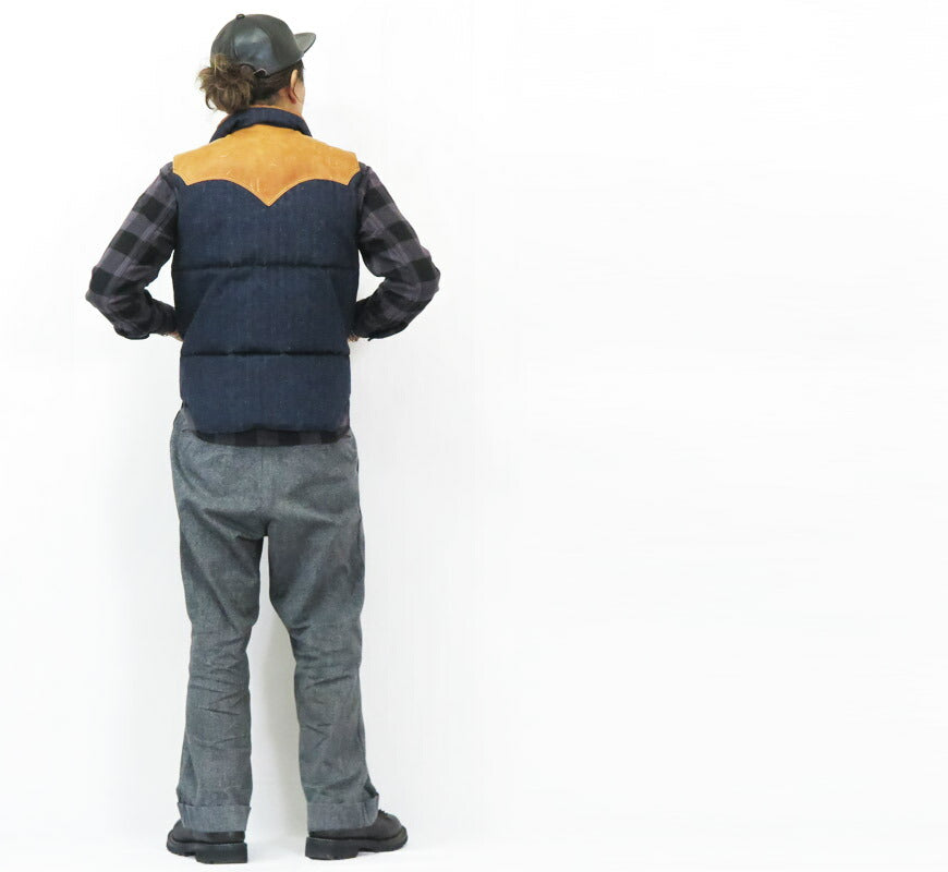 ウェアハウス WAREHOUSE Rocky Mountain Featherbed Indigo-Herringbone Daunenweste Pferdeleder Lederpasse NYLON DOWN VEST Weiße Entendaune WH2237