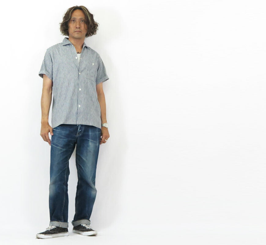 ウェアハウス WAREHOUSE เสื้อเชิ้ตแขนสั้นคอเปิด ลายทาง ไม่ผ่านการซัก Lot.3091