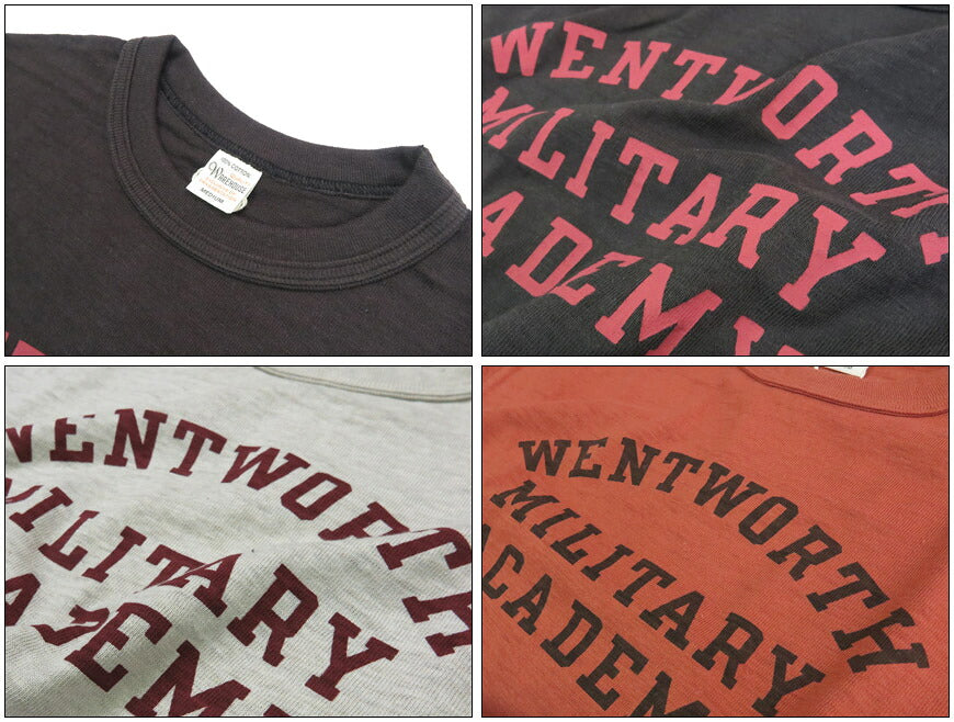 WAREHOUSE ウェアハウス Camiseta de manga corta con estampado MILITARY ACADEMY con bordes en sombra y tejido de punto grueso WH4601